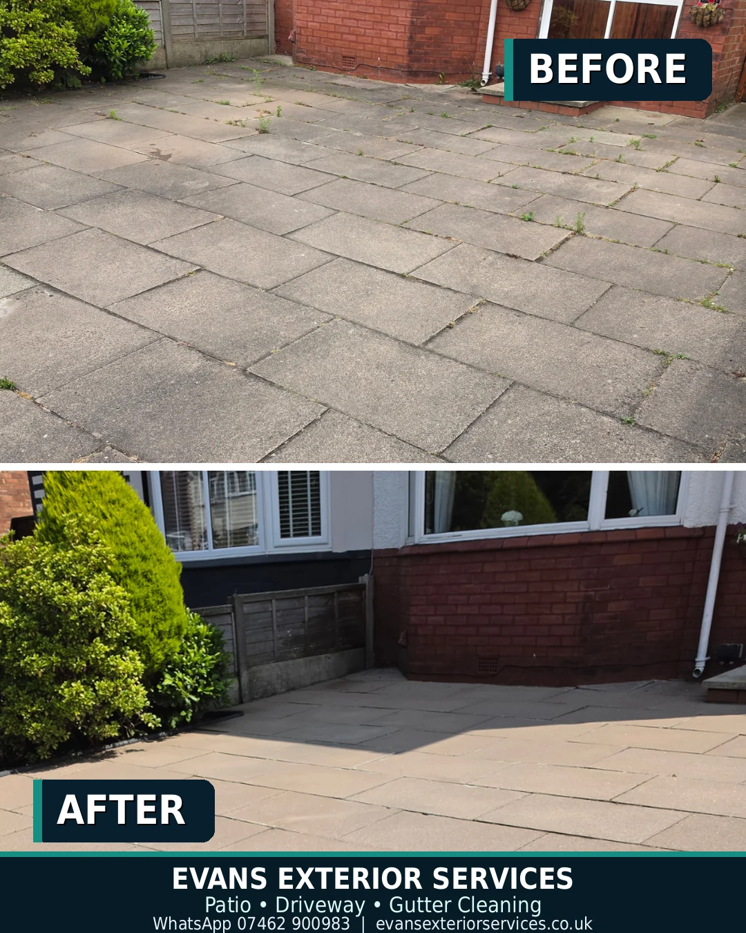 Before and after exterior cleaning result by Evans Exterior Services